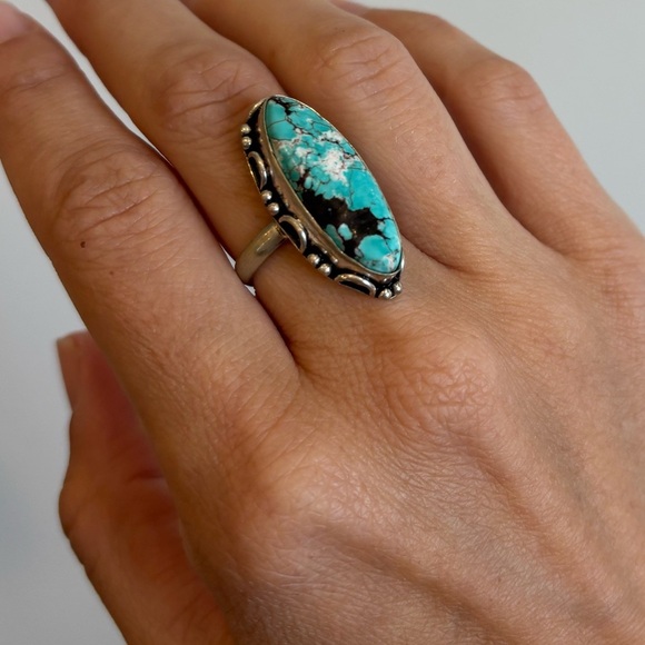 Vintage 925 Sterling Silver Large Spiderweb Morenci Turquoise Navajo Ring Size 7 - Picture 3 of 9